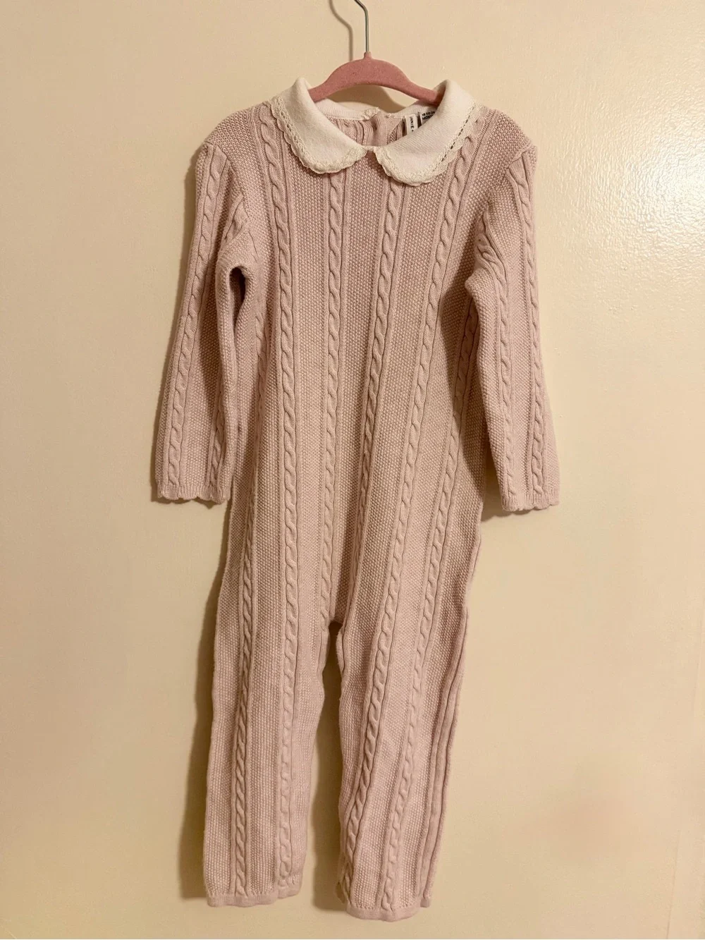 Janie and Jack Classic Cable Knit Pink One-Piece with Peter Pan Collar like new